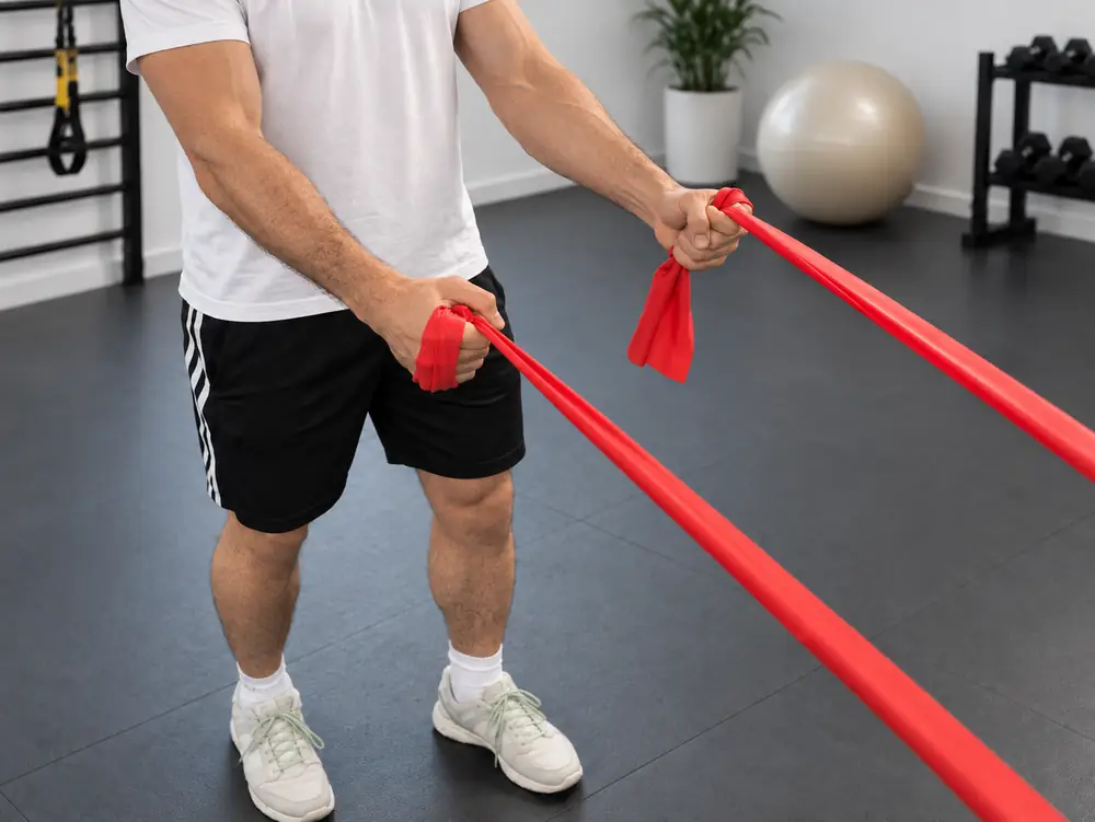 Übung mit dem Theraband im Trainingsraum
